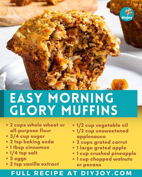 These morning glory muffins are healthy, delicious, and super easy to make! They are the perfect grab-and-go breakfast snack. Healthy Morning Glory Muffin Recipes, Easy Morning Glory Muffins, Morning Glory Muffins With Pineapple, Morning Glory Muffins Healthy, Basic Muffin, Morning Glory Muffins Recipe, Carrot Muffin Recipe, Morning Muffins, Glory Muffins