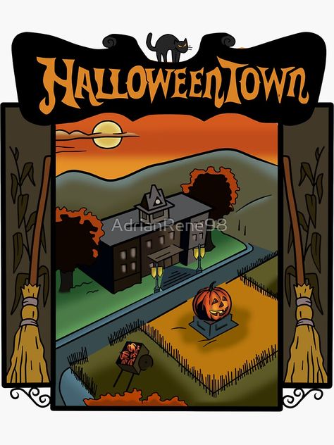 "Halloweentown Book Cover" Sticker by AdrianRene98 | Redbubble Halloween Town Disney, Disney Halloween Movies, Halloween Town Movie, Fall City, Pumpkin Drawing, Halloween Graphics, Horror Movie Art, Halloween Painting, Halloween Movies