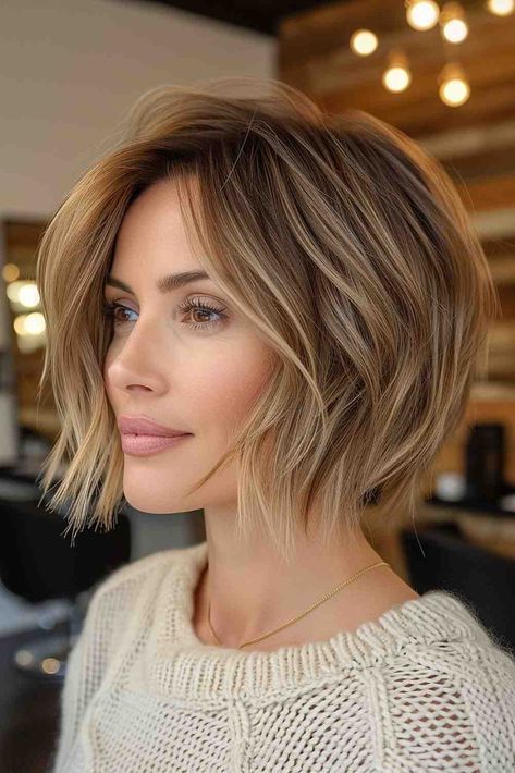 Shoulder Length Hair Over 40 Over 40, Blond Grey Highlights, Summer Colors Hair, Bob Hairstyles Blonde Highlights, Dark Blonde Hair Bob, Dark Blonde Bob Hairstyles, Chop Bob Hairstyles, Shoulder Length Hair For Fine Hair, Balayage Short Hair Blonde