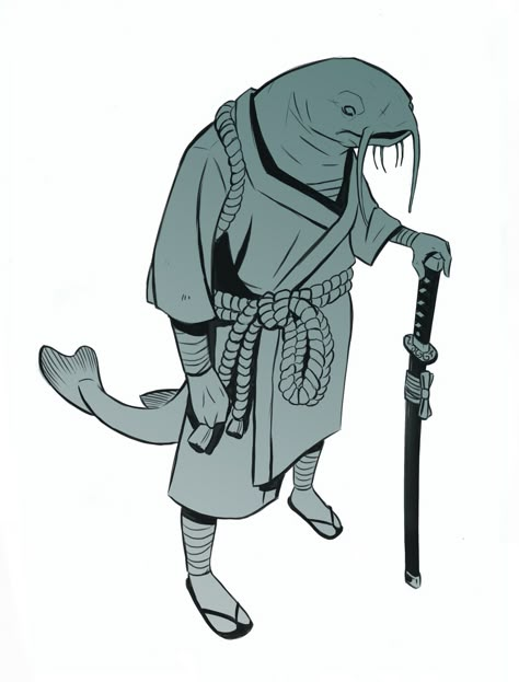 japanese catfish, Vart Palumbo on ArtStation at https://www.artstation.com/artwork/QPGQx Catfish Character Design, Fish Man Character Design, Fish Person Character Design, Fish Character Design, Catfish Art, Fish Character, Fish People, Alien Concept Art, Knight Art