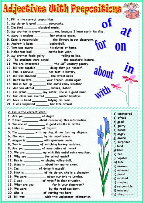 Prepositions Worksheets, English Charts, Preposition Worksheets, English Grammar Exercises, English Adjectives, Prepositional Phrases, Grammar Exercises, English Worksheet, English Exercises