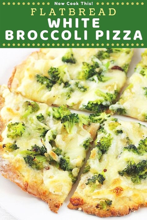 Flatbread White Broccoli Pizza is ready in just 30 minutes and is an easy, delicious meatless meal that's perfect for lunch or dinner any day of the week. Store-bought or homemade flatbread is topped with ricotta, parmesan, and mozzarella cheeses, and a super tasty mixture of broccoli, onions, and garlic. Flatbread White Pizza, Broccoli Cheddar Pizza, White Garlic Broccoli Pizza, White Pizza With Broccoli, White Broccoli Pizza, Ricotta Flatbread Pizza, Broccoli Pizza Recipe, Broccoli Flatbread, Pesto Flatbread Recipes