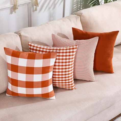 CARRIE HOME Burnt Orange Fall Plaid Throw Pillow Covers 18x18 Set of 4 Buffalo Plaid Fall Decor Autumn Outdoor Decorative Pillows for Porch Garden Office and Living Room #affiliatelink Plaid Fall Decor, Buffalo Plaid Fall Decor, Plaid Throw Pillow, Plaid Pillow Covers, Plaid Throw Pillows, Fox Decor, Fall Pillow Cover, Home Decor Quotes, Plaid Throw