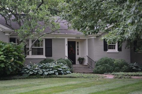 About the color we plan to paint the brick...gray, black shutters, white trim (and window boxes ;) Cottage Character, Grey Painted Brick, Painted Brick Ranch, Grey Brick Houses, Stained Brick, Sf House, Painted Brick Exteriors, House Transformation, Painting Trim White