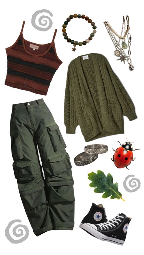 GREEN LEAF LADYBUG FIT Forestry Outfit, Plant Aesthetic Outfits, Frog Core Outfit, Studio Ghibli Fashion Aesthetic, Howl Inspired Outfit, Frog Aesthetic Outfit, Adventure Core Aesthetic Outfits, Therian Fashion, Nature Themed Outfits