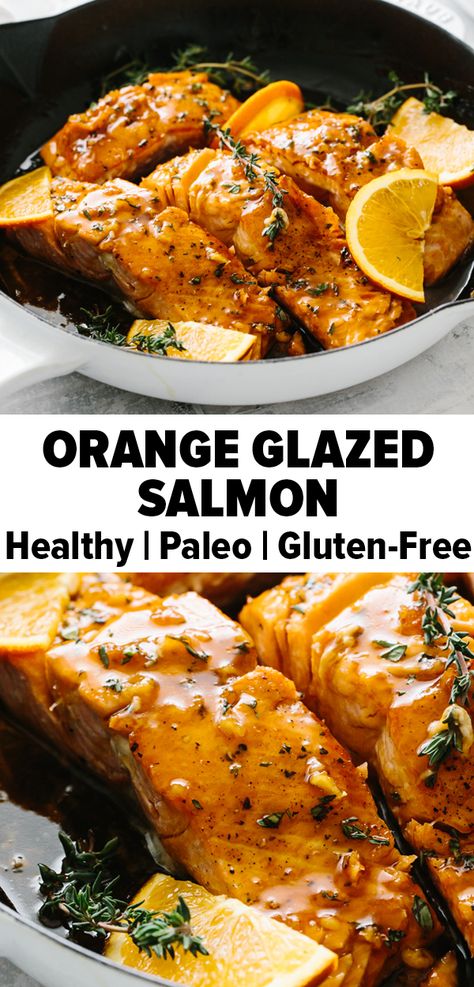 Orange glazed salmon is a citrusy sweet salmon recipe that I guarantee you’ll have on repeat. With just a handful of ingredients including salmon, orange juice, garlic, honey, tamari and thyme, it’s also incredibly easy to make (takes less than 30 minutes!). #salmonrecipe #paleorecipes #healthydinner Sweet Salmon, Orange Glazed Salmon, Orange Items, Best Fish Recipes, Tilapia Fish Recipes, Garlic Honey, Fish Recipes Baked, Garlic Butter Salmon, Salmon Orange