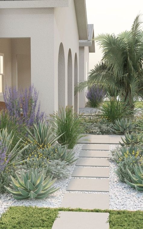 Walk Way Landscaping Ideas Modern, Turf In Front Yard, Front Yard Succulents, Modern Texas Landscaping, Desert House Landscaping, Spanish Backyard Landscaping, Landscape Texas Front Yard, Spanish Modern Landscaping, Slanted Front Yard Landscaping