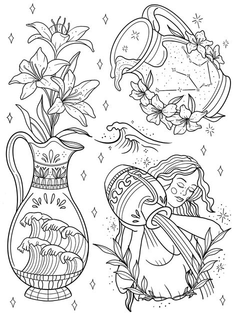 Aquarius Witch Tattoo, Aquarius Flash Tattoo, Cat Tattoo Flash Sheet, Witchy Flash Art, Aquarius Drawing Zodiac Art, Aquarius Coloring Pages, Astrology Coloring Pages, Cat Kingston, Kingston Tattoo