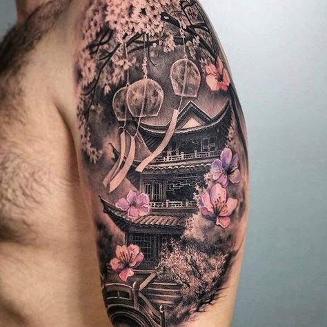 Chinese Palace x Cherry Blossoms By 💥 @carlesbonafe 💥 Traditional Japanese Temple Tattoo, Japanese Building Tattoo, Traditional Japanese Temple, Japanese Temple Tattoo, Building Tattoo, Samurai Tattoo Sleeve, Guerriero Samurai, Temple Tattoo, Buddha Tattoos