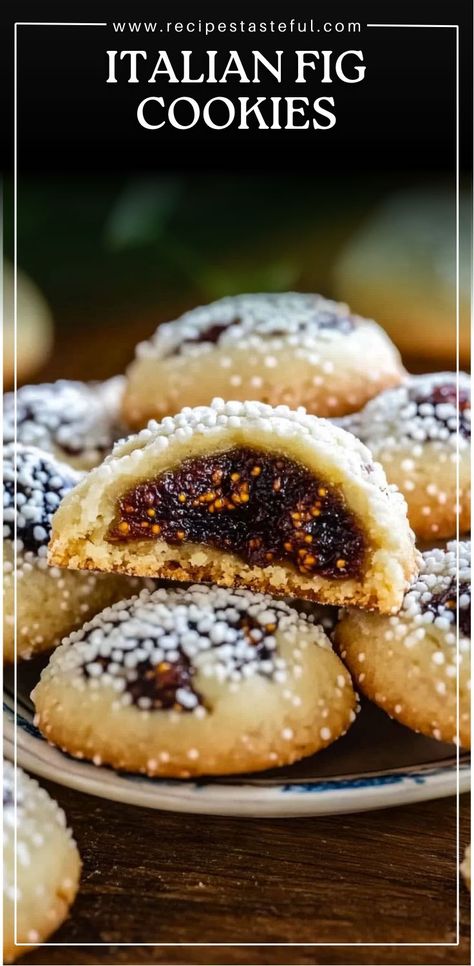 Italian Fig Cookies (Cucidati) are a traditional Italian treat filled with a rich mixture of dried figs, raisins, and walnuts, spiced with cinnamon, nutmeg, and cloves. The soft dough is rolled around the flavorful filling, baked until golden, and finished with a sweet glaze and festive sprinkles. These cookies are perfect for any occasion, especially during the holidays. Italian Fig Recipes, Fig And Walnut Cookies, Fig Filled Cookies, Filled Raisin Cookies, Fig Hand Pies, Cucciddati Recipe (sicilian Fig Cookies), Prune Cookies Recipes, Sun Dried Figs Recipes, Kiflies Cookies