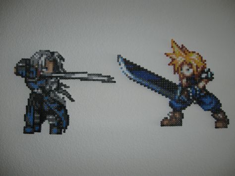 Perler Final Fantasy 7 VII Sepiroth Cloud Fight by rushtalion.deviantart.com on @deviantART Perler Beads Final Fantasy Vii, Final Fantasy Vii Cloud, Anime Pixel, Final Fantasy Cloud, Pixel Art Pokemon, Perler Creations, Battle Scene, Bead Sprite, Minecraft Pixel Art