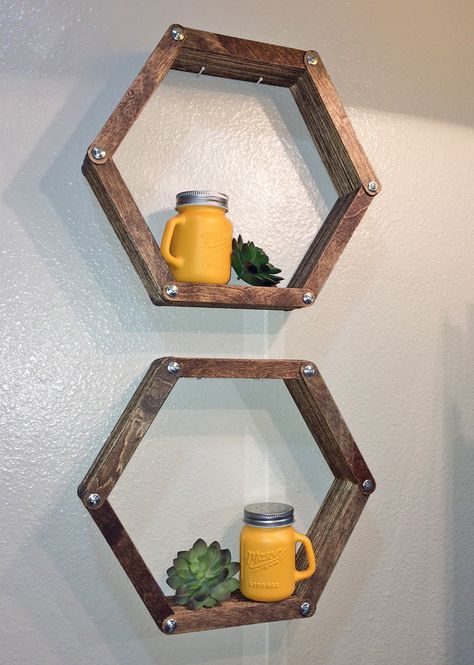 Completed 05/16!  Hexagon shelves for newly remodeled bath (made from tongue depressors) Tongue Depressor Crafts, Bee Bathroom, Craft Stick Projects, Stick Projects, Tongue Depressor, Tongue Depressors, Wooden Creations, Diy Popsicle Stick Crafts, Repurposing Ideas