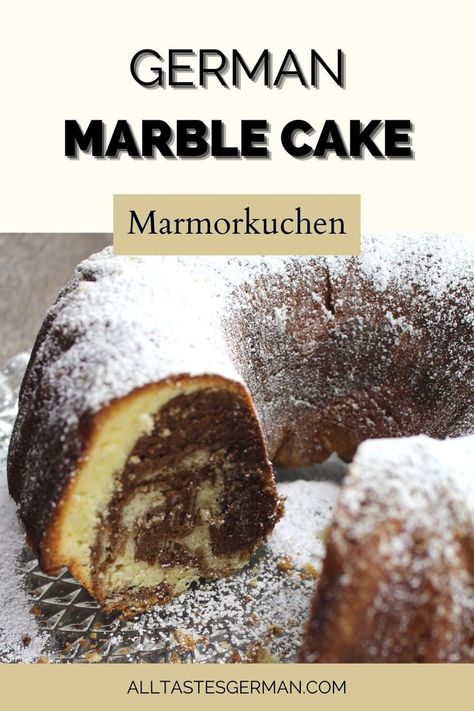 German marble cake on a glass cake platter. German Pound Cake Recipe, German Marble Cake Recipe, Marble Bundt Cake Recipe, Marble Pound Cake, Marble Cake Recipe, Easy German Recipes, German Food Authentic, Marble Cake Recipes, German Baking