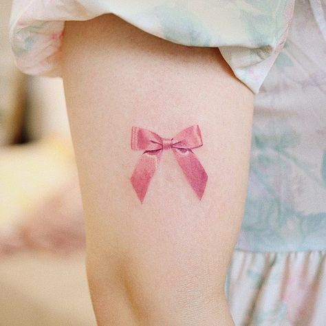 Blue Bow Tattoo, Bow Lower Back Tattoo, Pink Ink Tattoos, Red Bow Tattoo, Realism Flash, Energy Tattoos, Small Bow Tattoos, Pink Tattoo Ink, Pink Bow Tattoos