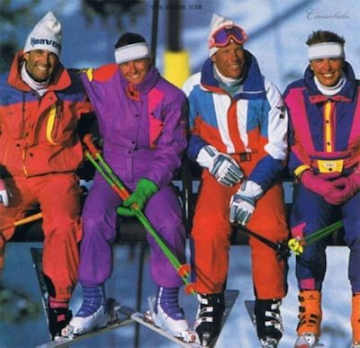 Innovation: 1980s-Ultra fine microfibers made of nylon and polyester were used for high-performance, water resistance, soft ski-wear, as well as other active, outdoor sports. Retro Skiing Outfit, 90s Ski Aesthetic, 90s Apres Ski Party, Apres Ski Party Outfit 80s, 80s Ski Fashion, 80s Skiing Outfit, 90s Ski Outfits, 80 Ski Outfit, Apres Ski 80s