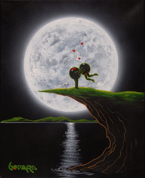 "I O'live You" (2016) Michael Godard Godard Art, Joker Wallpapers, Romantic Paintings, Moon Pictures, Wine Art, Chinese Lanterns, Beautiful Moon, Paint And Sip, Weird Art