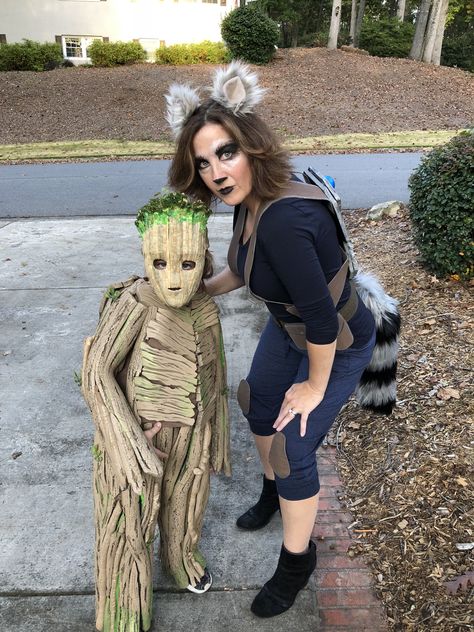 Groot And Rocket Costume, Raccoon Costume Makeup, Rocket Racoon Costume, Raccoon Costume Diy Women, Groot Halloween Costume, Rocket Raccoon Costume, Rocket Costume, Jerry Trainor, Groot Costume