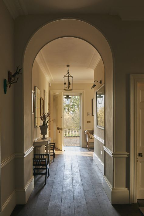 French Country Hallway, Decoration Hall, Oak Floorboards, Georgian House, Georgian Architecture, Larch Wood, Light Grey Walls, French Windows, Georgian Homes