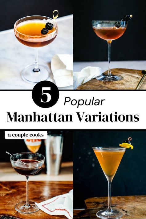 Here are the most popular Manhattan variations! Try them all, swapping out the rye whiskey for bourbon, Scotch, brandy and more. #manhattan #manhattanvariations #brooklyn #blackmanhattan #robroy #bourbonmanhattan Pumpkin Manhattan, Perfect Manhattan Cocktail, Cold Dip Recipes, Best Fish Recipes, Dip Recipes Appetizers, Winter Salad Recipes, Vintage Cocktails, Manhattan Cocktail, Baking Bread Recipes