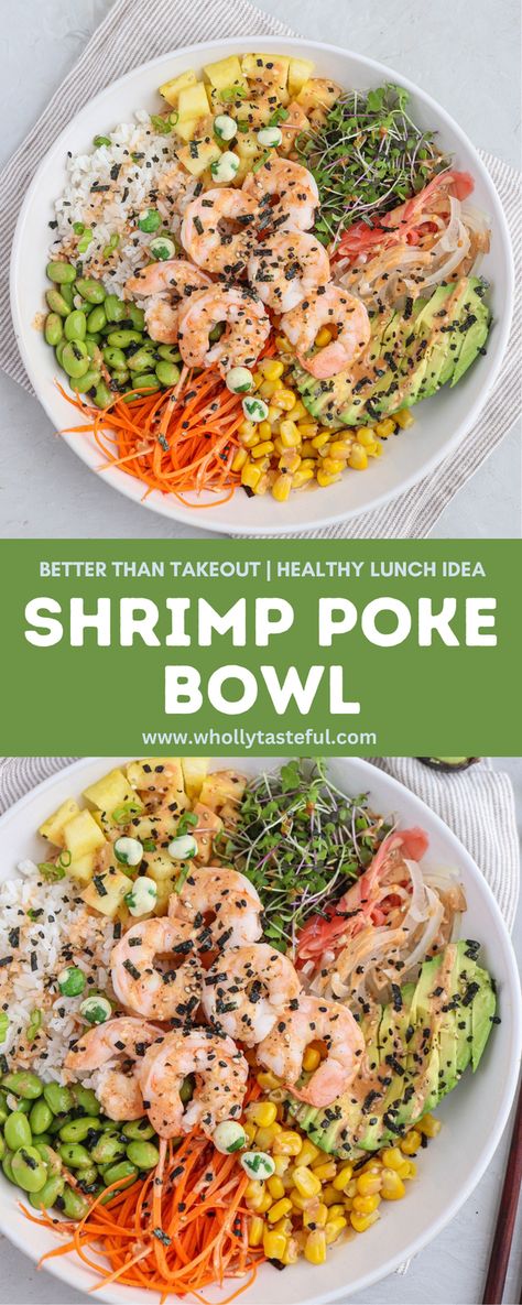 Looking for a healthy lunch idea? Make this easy and flavorful Shrimp Poke Bowl. Loaded with fresh veggies, fruit, juicy shrimp, rice, crunchy toppings and spicy sauce. Spicy Shrimp Poke Bowl, High Protein Shrimp Bowl, Cooked Poke Bowl, Shrimp Bowl Healthy, Spicy Poke Recipe, Poke Bowl Sauce, Shrimp Poke Bowl, Shrimp Sushi Bowl, Shrimp Rice Bowl