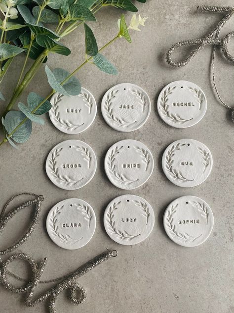 Handmade Personalised Clay Wedding Name Tag - Etsy UK Wedding Name Tags, K Crafts, Xmas Baubles, Wedding Name Cards, Name Place Cards, Paper Place, Wedding Name, Scented Oils, Wedding Place