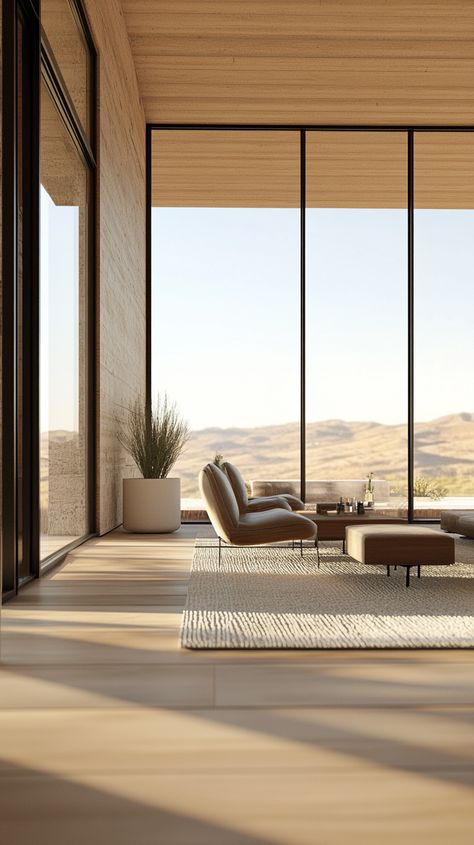 Dreamy Desert Homes With Stunning Landscape Views Desert Modern Interior Design, Desert House Interior, Modern Desert Home Interiors, Desert Modern House, Desert Homes Interior, Home With Large Windows, Modern Desert Home, Modern House Interior, Modern Desert