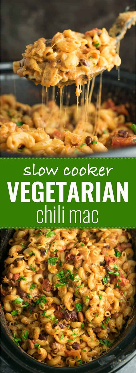 Easy Vegetarian Crockpot, Easy Vegetarian Crockpot Recipes, Vegetarian Chili Mac, Slow Cooker Vegetarian Chili, Chili Mac Recipe, Vegetarian Slow Cooker Recipes, Vegetarian Crockpot Recipes, Chili Mac, Slow Cooker Vegetarian