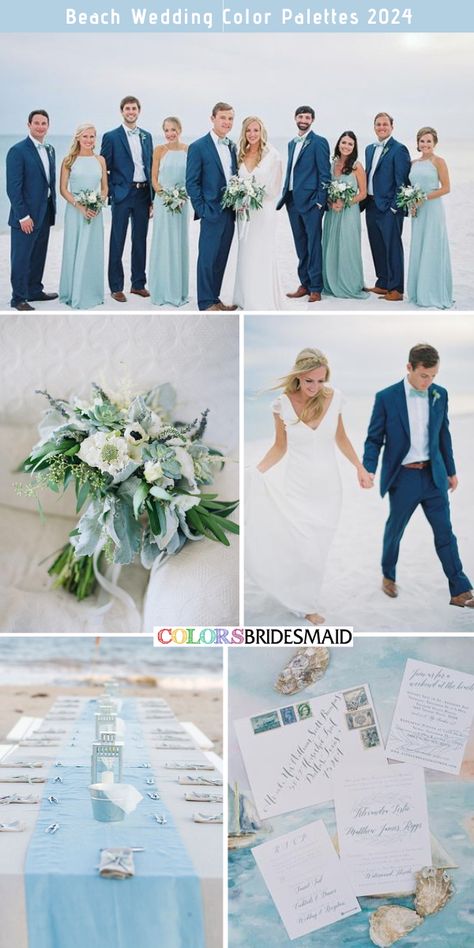 Dusty Blue and Blush Beach Wedding: White Bridal Gown, Dusty Blue Bridesmaid Dresses, Blush Bouquets, White or Blush Wedding Ceremony Decorations, Dusty Blue Wedding Cakes, Deep or Navy Blue Suits for Groom and Groomsmen. #weddingcolors #weddingideas #summerweddings #octoberweddings #colsbm #2024 #bridesmaiddresses #beachwedding #aquaandnavy Navy Blue Beach Wedding, Beach Wedding Color Palette, Beach Wedding Colors Schemes, Aqua Bridesmaid Dresses, Navy Blue Groom, Beach Wedding Pink, Blue Groom, Beach Wedding Groom, Romantic Wedding Colors