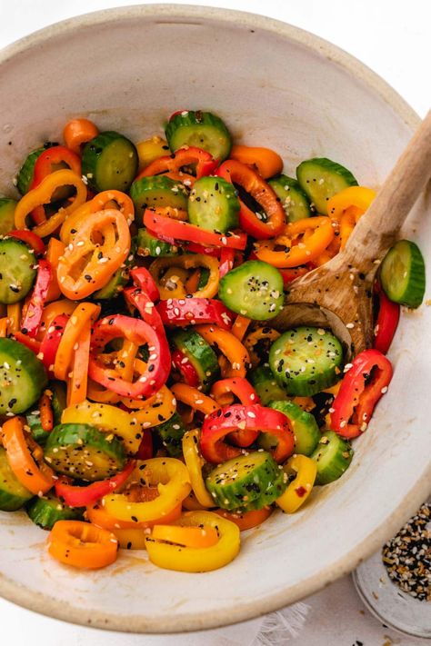 Viral TikTok Cucumber and Bell Pepper Salad Recipe | Healthy Little Peach Healthy Shelf Stable Snacks, Tiktok Cucumber Salad Recipes, Viral Cucumber Salad Recipe, Tiktok Salad, Tiktok Cucumber, Potluck Ideas For Work, Healthy Little Peach, Recipe Cucumber, Work Potluck