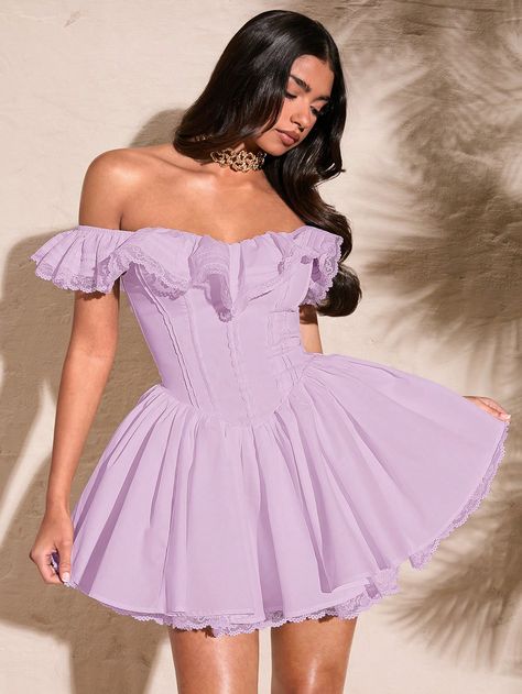 Women's Summer White Sexy Sweet Off Shoulder Lace Petal Sleeve Solid Color Pleated Bust Lace Trim Sweet Puff Dress Lilac Purple Elegant  Short Sleeve Woven Fabric Plain A Line Non-Stretch  Women Clothing, size features are:Bust: ,Length: ,Sleeve Length: Corset Dress Short, Tea Party Attire, Purple Dresses Formal, Daphne Costume, Purple Corset, Dama Dresses, Puff Dress, Petal Sleeve, Semi Formal Dresses