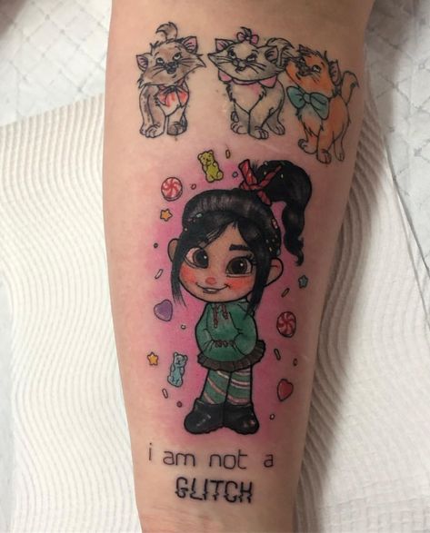 Wreck It Ralph Tattoo Ideas, Vanellope Von Schweetz Tattoo, Wreck It Ralph Tattoo, Disney Pixar Tattoos, Pixar Tattoos, Pixar Tattoo, Animation Tattoo, Alice And Wonderland Tattoos, Disney Princess Tattoo