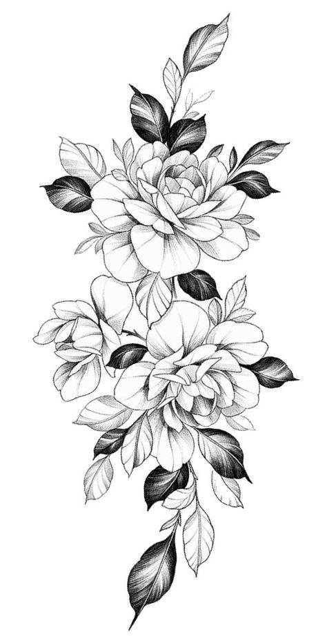 Blackwork Flowers Design, Skull Flower Tattoo Women, Stipple Flowers, Peony Flower Tattoo Design, Peony Tattoo Design, Tattoo Avant Bras, Tropical Flower Tattoos, Peony Flower Tattoos, Floral Back Tattoos