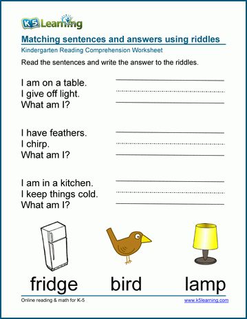 Riddle worksheets for kindergarten | K5 Learning Kindergarten Grammar, Reading Sentences, Fun Riddles, Worksheet For Kindergarten, Preschool Sight Words, Reading Comprehension Kindergarten, Comprehension Exercises, Kindergarten Reading Worksheets, Worksheets Kindergarten