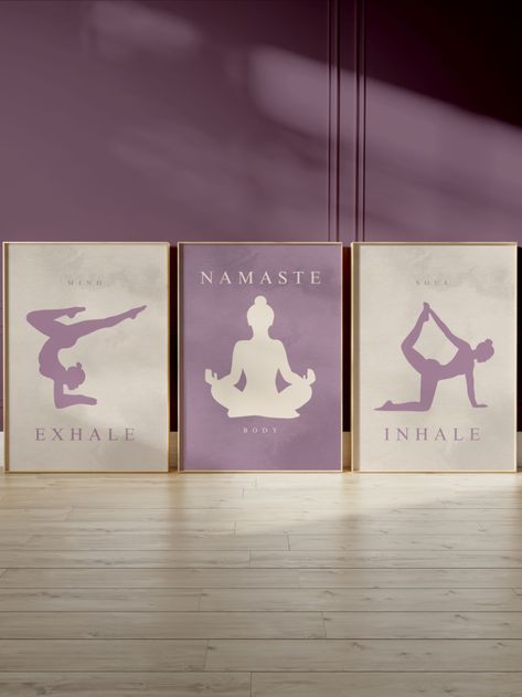 Elevate Your Space with Peaceful Serenity: Yoga Wall Art in Pastel Purple Create an atmosphere of tranquility and mindfulness in your home with our exquisite Yoga Wall Art in Pastel Purple. This set includes three captivating pieces: an "Inhale Poster," an "Exhale Print," and "Namaste Prints." Whether you're a dedicated yogi or simply seeking a peaceful retreat within your surroundings, these prints are thoughtfully designed to bring balance and mindfulness to your life. Pilates Wall Art, Meditation Wall Art, Purple Yoga, Yoga Themes, Yoga Wall Art, Wellness Studio, Hospital Interior, Yoga Wall, Aerial Silks