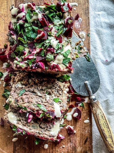 Lamb Meatloaf with Tahini Sauce & Beet Relish - Dishing Up the Dirt Lamb Meatloaf, Beet Relish, Traditional Meatloaf Recipes, Old Fashioned Meatloaf, Terrine Recipe, Leftover Meatloaf, Farm Recipes, Ground Lamb, Food Lab