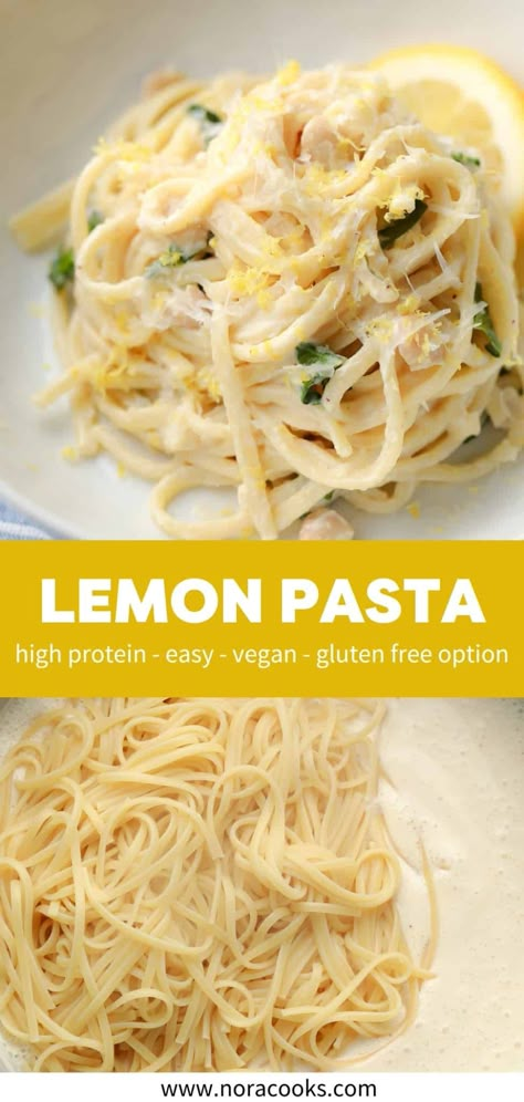 Celebrate spring with this vegan Lemon Pasta recipe. Cooked pasta, spinach, and white beans are drenched in a creamy lemon sauce, giving you an easy and bright-tasting meal that’s surprisingly high in protein! Vegan Lemon Cream, Vegan Lemon Pasta, Easy Lemon Pasta, White Beans And Spinach, Wfpb Meals, Lemon Pasta Recipe, Protein Pasta Recipes, Creamy Lemon Sauce, Spinach Recipes Vegan