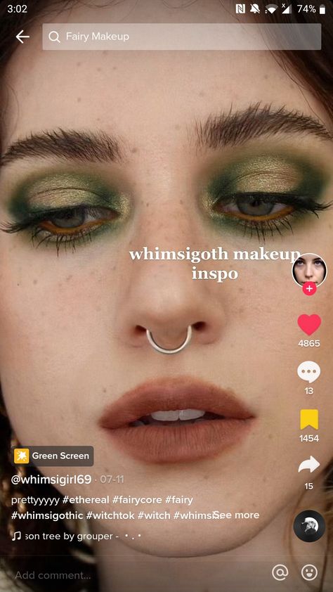 Goblincore Eye Makeup, Lord Of The Rings Makeup Looks, Whimsigothic Painting, Whimsigothic Halloween, Fae Aesthetic Eye Makeup, Fairy Inspired Makeup Simple, Green Prom Eyeshadow, Cottagecore Eye Makeup, Frog Makeup Aesthetic