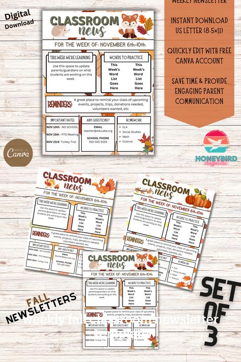 🍂 Fall Classroom Newsletter Templates 🍁🦊 ✏️ Canva Template Set of 3 🎒 Teacher Printables for Custom Communication 🍂 Fall Colors, Boho Fox, Pumpkins, Turkey 📚 Create Beautiful Newsletters Today! Pto Meeting, Teacher Printables, Classroom Newsletter Template, Fall Classroom, Classroom Newsletter, Math School, Newsletter Template, Parent Communication, Teacher Printable