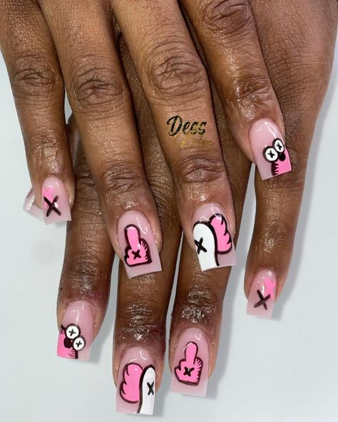 Kaws Nails With Charms, Kaws Nails Design Short, Kaws Nails Short, Short Acrylic Nails Blue, Kaw Nails, Kaws Nails, Sweet 16 Nails, Nails Back To School, Shorties Nails