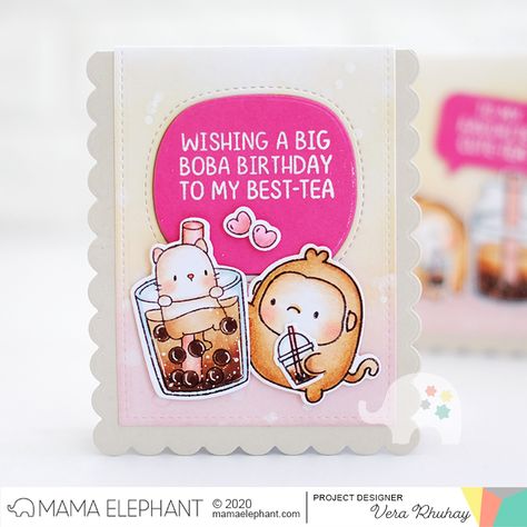 Mama Elephant Boba Tea Cards, Cascading Card, Elephant Cards, Mama Elephant Cards, Card Making Video Tutorials, Mama Elephant Stamps, Asian Cards, Card Making Videos, Mama Elephant