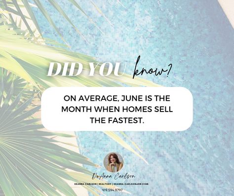 🏡✨ Did You Know? ✨🏡 June is the month that homes sell the fastest! 📈🌞 If you're thinking about selling, now's the perfect time to get your home on the market and attract those eager summer buyers. Contact me for a free consultation and property analysis to get started. Let's make your real estate goals a reality this June! ✨ DeAnna Carlson 📞 919-594-9797 🏡 [Keller Williams Platinum Realty #RealEstateTips #JuneSales #Knightdale #DeannaCarlson Real Estate Goals, Real Estate Tips, Keller Williams, Free Consultation, Did You Know, Get Started, Platinum, Real Estate, Let It Be