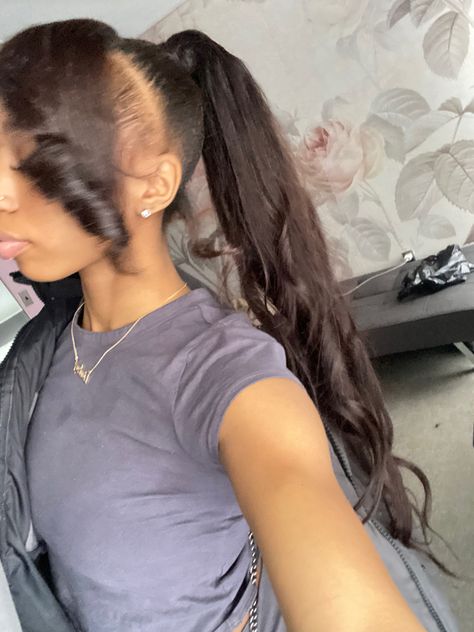 Mid ponytail with bang 
Bang with messy bun High Braided Ponytail With Bangs, High Ponytail With Side Part, Mid Ponytail With Bang, Side Part With Ponytail, 2 High Ponytails With Weave, 2 Ponytails With Bangs, Sleek Ponytail Weave With Bang, Slick Ponytail Weave With Bang, Bang With Ponytail Black Women