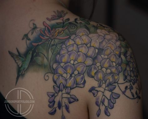 #wisteria #hummingbird #tattoo Hummingbird Tattoo, Wisteria, Flower Tattoo, Tattoos