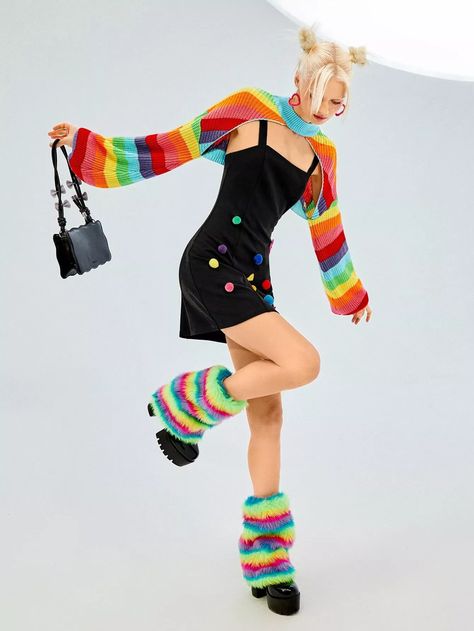 SHEIN USA #SHEIN USA #rainbow dresses #dresses #outfit #background #wallpaper Winter Party Multicolor Tops, Sleeve Shrug, Shein Icon, Rainbow Outfit, Figure Poses, Women Sweaters, Mode Inspo, Grunge Style, Shrug Sweater