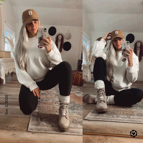 Winter Crewneck Outfit, Crewneck Outfit Fall, Carhartt Hat Outfit, Big Bear Outfit, Outfits With Ball Caps, Womens Carhartt Hat, Beanie Outfit Fall, Crewneck Sweater Outfit, Carhartt Women's Outfit