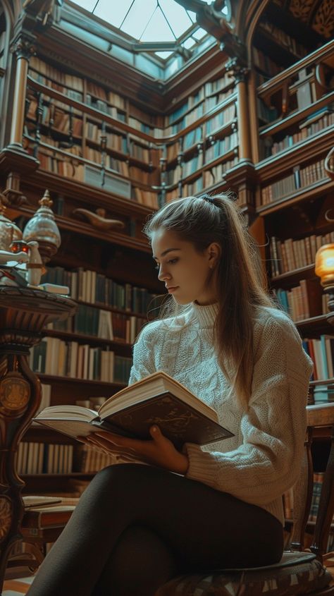 "Serene #ReadingMoment: A #youngwoman deeply engrossed in a #book inside a beautiful, ornate, multi-level #LibraryLife. #BookLovers #KnowledgeIsPower #AIArtwork #AIPhotography #StockCake ⬇️ Download and 📝 Prompt 👉 https://stockcake.com/i/serene-reading-moment_228966_43273" Dark Academia Women, Autumn Illustration, Vintage Book Covers, Beautiful Book Covers, Modern Music, Woman Reading, Reading A Book, Art Poses, Book Photography