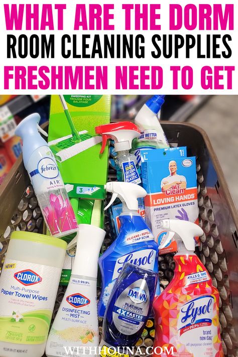 What Are the Dorm Room Cleaning Supplies Freshmen Need to Get for College College Gift Basket For Girls, Dorm Cleaning Supplies, College Gift Baskets, College Dorm Diy, College Laundry, Dorm Cleaning, College Dorm Supplies, Dorm Laundry, College Dorm Gifts