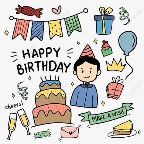 Doodle Colorful, Happy Birthday Doodles, Happy Birthday Cheers, Happy Birthday Drawings, Birthday Drawing, Birthday Doodle, Doodle Png, Happy Birthday Boy, Birthday Painting