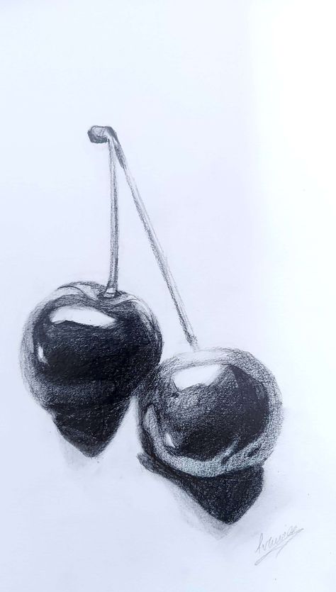 Black And White Shaded Drawings, Black And White Shading Drawing, Cherry Drawing, Charcoal Artwork, Shading Drawing, Fruits Drawing, White Cherries, Still Life Drawing, Gcse Art