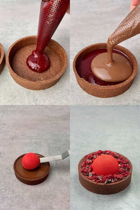 Chocolate Tart Decoration Ideas, Tartlets Decoration, Gourmet Pastry Recipes, Monoportion Dessert, Cute Tarts, Tart Plating Ideas, Fine Dining Desserts Michelin Star, Tart Decorating Ideas, Pretty Tarts